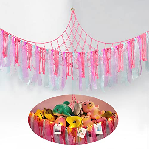 Snagshout  Stuffed Animal Net or Hammock with LED Light and Colorful  Tassels, Corner Stuffed Animal Storage Hanging Toy Net Holder, Macrame  Plush Toy Hammock for Nursery Playroom Bedroom(Battery Included)