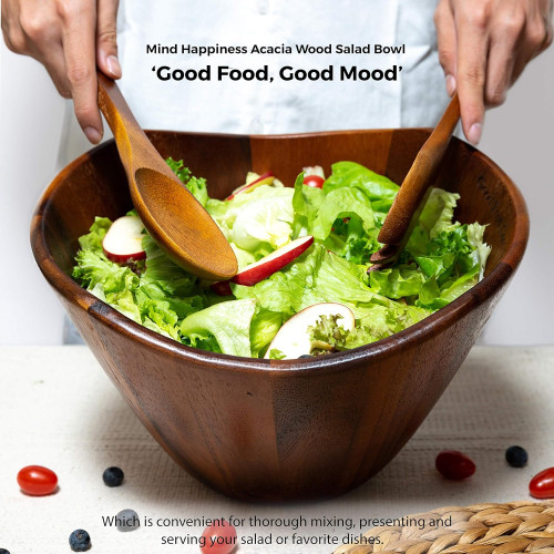 Mind Happiness Premium Acacia Wood Bowl Large Wooden Salads Fruits Bowl 