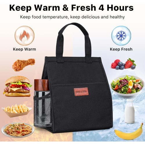 Lunch Bags for Women,Waterproof Reusable Lunch Tote with Internal Pocket,Black Lunch Bag for WorkSchoolTravelPicnic