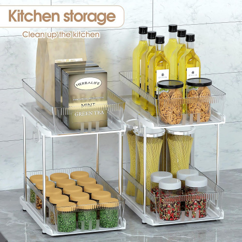 2 Tier Under Sink Organizers and Storage Bathroom Organizer w Dividers and  Lids, Snack Organizer for Pantry Pull Out Cabinet Organization for
