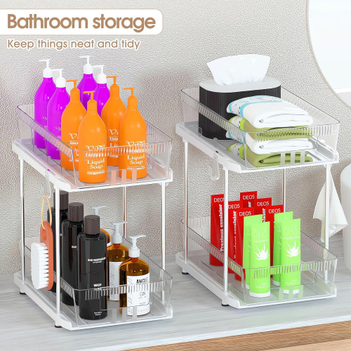 Snagshout  2 Tier Under Sink Organizers and Storage Bathroom Organizer w  Dividers and Lids, Snack Organizer for Pantry Pull Out Cabinet Organization  for Kitchen/Vanity/Medicine Drawer Storage(Adjustable)