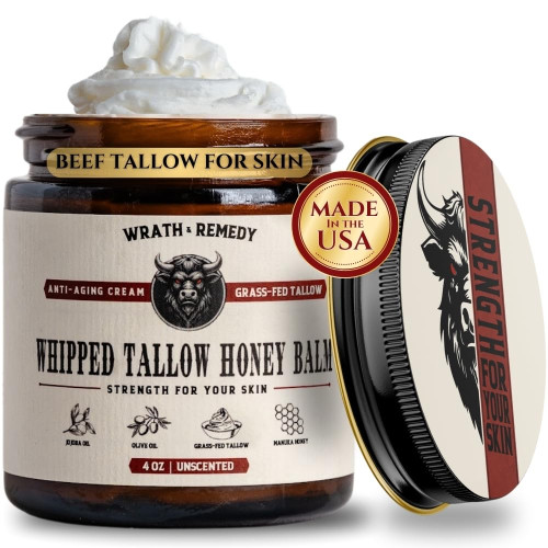 Wrath & Remedy Handmade Whipped Organic Beef Tallow for Skin - 4 OZ (Unscented) — Grass Fed Beef Tallow Moisturizer and Honey Balm for Silky, Sensitive-Skin, Eczema, Rosacea - Free of Harsh Chemicals