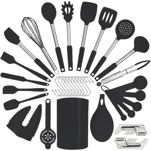 Silicone Kitchen Cooking Utensils Set with Stainless Steel Handle, Spatula Set Utensil Set, Cooking Utensil Set,Kitchen Tools Gadgets for Nonstick Cookware (35, Black)
