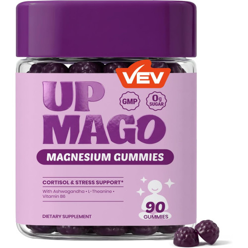 VEV UPMAGO Bisglycinate Magnesium Gummies – 90 Count – 4-in-1 Formula with Ashwagandha, L-Theanine & Vitamin B6 – No Added Sugar Vegan Gummies