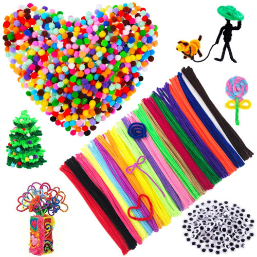 500PCS Craft Supplies with Chenille Stems Pom Poms Self-Sticking Wiggle Googly Eyes Assorted Colors and Assorted Sizes for DIY School Art Project BigOtters Pipe Cleaners Set 